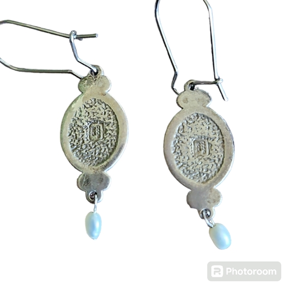 Vintage Malachite, Sterling Silver & Freshwater Pearl Drop Earrings - Picture 2 of 4